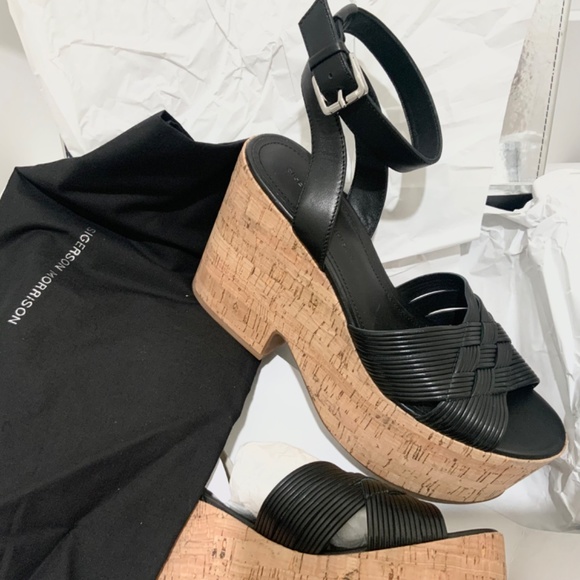 Sigerson Morrison Becca Black Leather Cork Wedge Sandal Ankle Strap Platform 9.5 - Picture 15 of 16